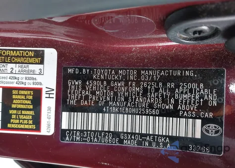 2017 Toyota Avalon Xle Premium z USA, uszkodzony, nr VIN 4T1BK1EB0HU259560